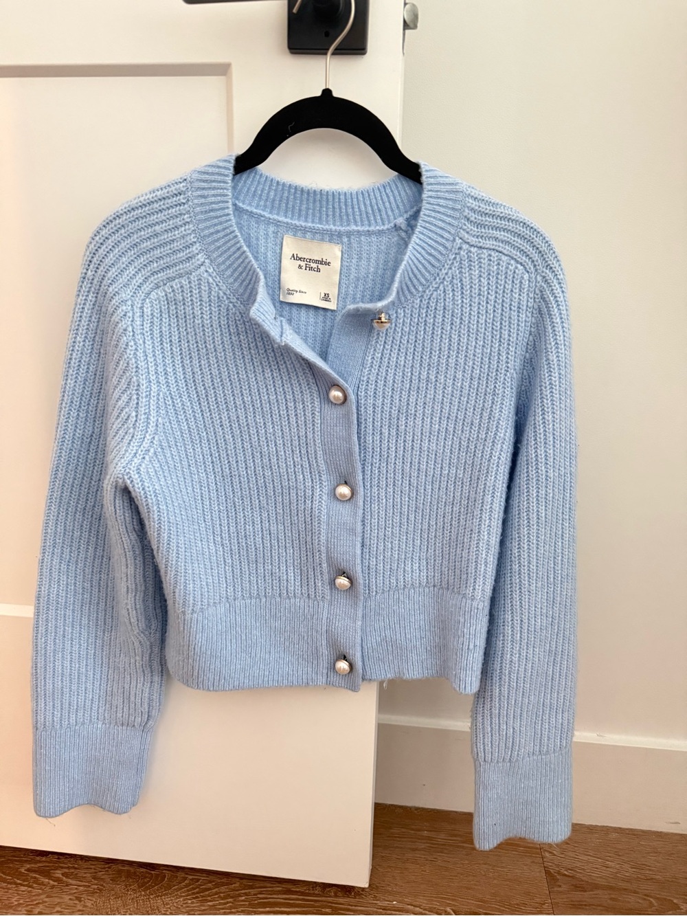 Abercrombie & Fitch Baby Blue Ribbed Cropped Cardigan with Pearl Buttons